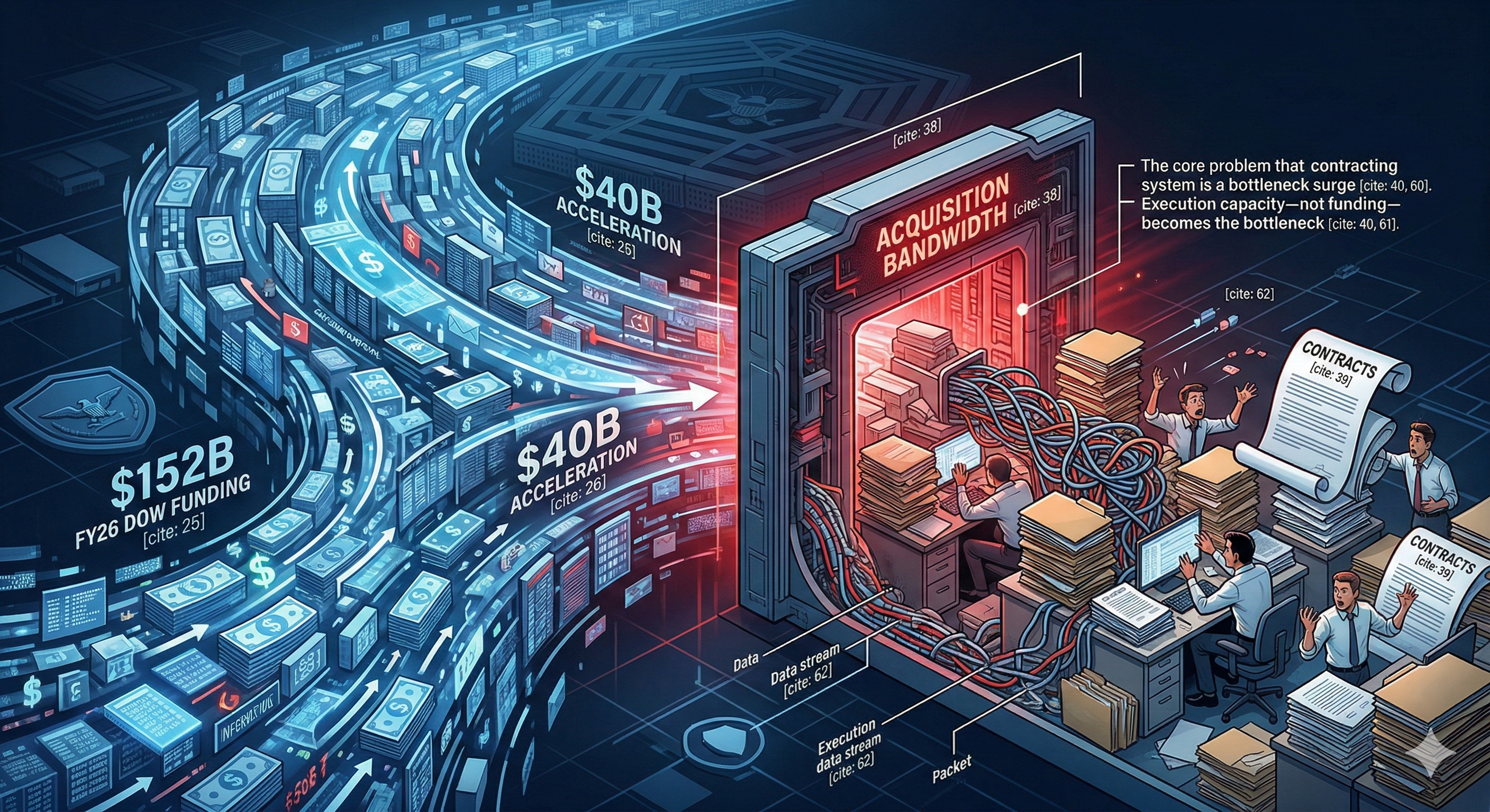 A metaphorical illustration showing a massive river of digital capital, representing $152B in FY26 DOW funding and a $40B acceleration , rushing into a narrow, congested bottleneck labeled "Acquisition Bandwidth". Inside the bottleneck, overwhelmed workers are buried under towering stacks of contracts and folders, visually demonstrating that execution capacity—not funding—is the actual constraint