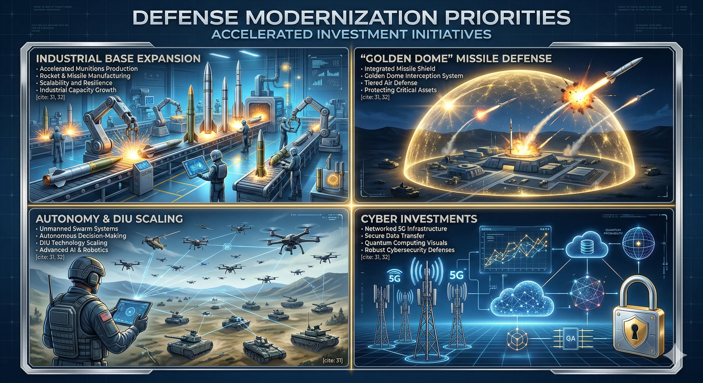 A four-quadrant infographic illustrating the DOW's accelerated funding priorities: munitions and industrial base expansion, Golden Dome missile defense, unmanned systems and autonomy, and 5G, quantum, and cyber investments.
