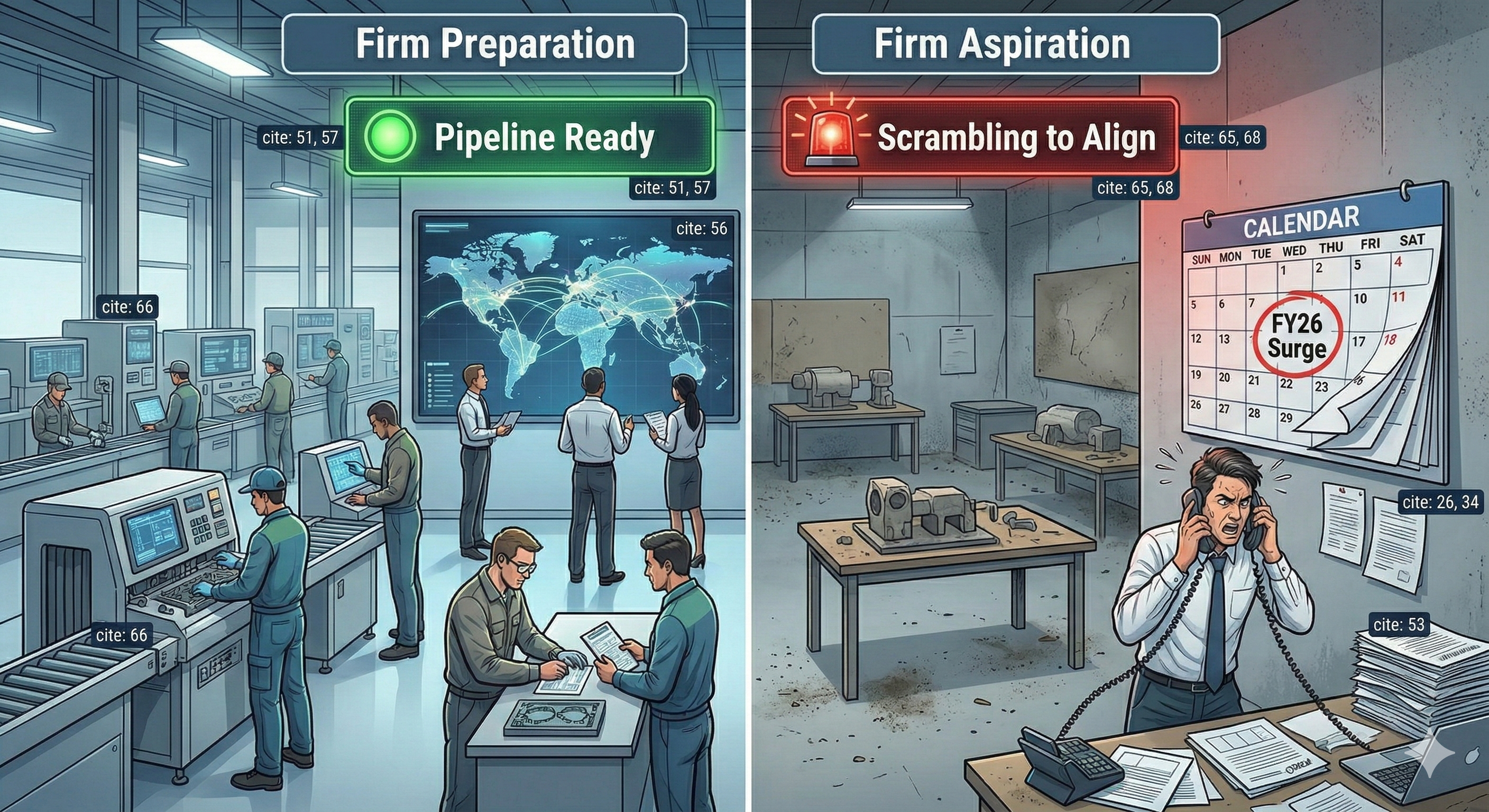 A split-screen illustration contrasting a prepared defense contractor with an active production line and resilient supply chain against an unprepared, aspirational firm scrambling in an empty workshop as the FY26 deadline approaches.