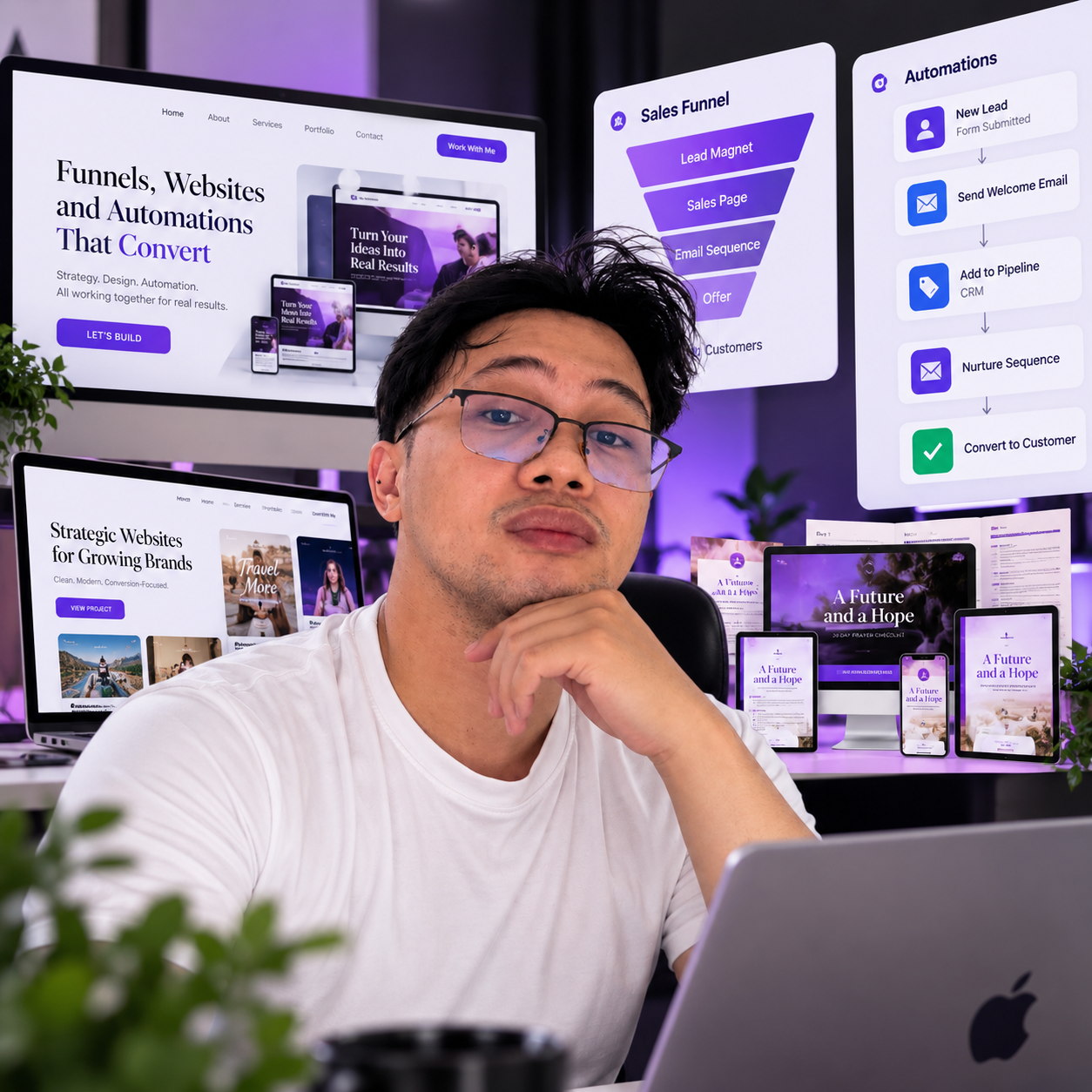 JerDi at his desk with LUMIO websites on the screens behind him