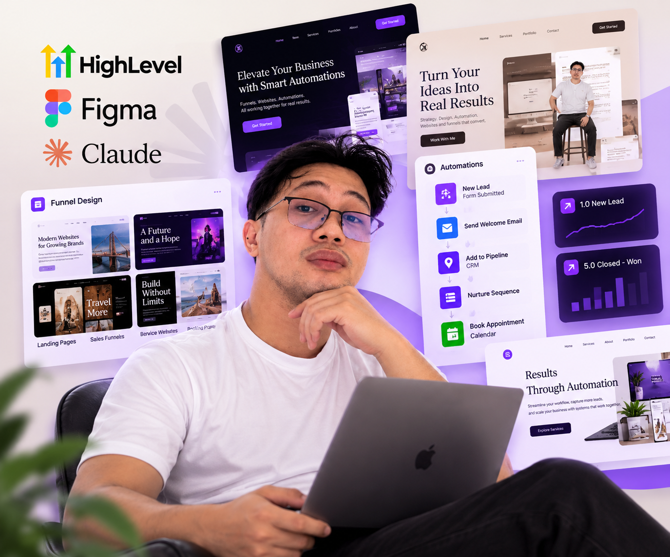 JerDi with a laptop, surrounded by funnel pages and automation screens