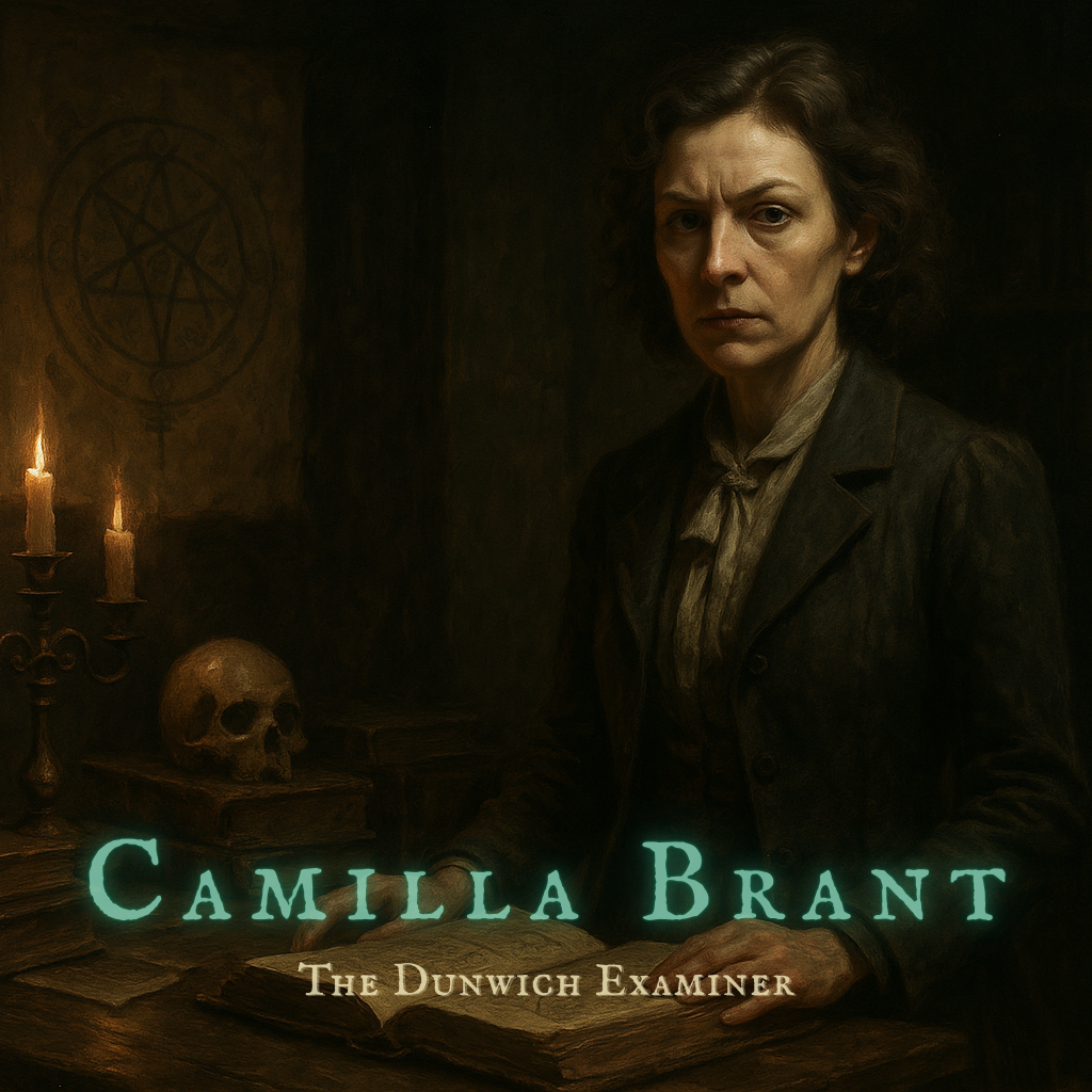 A solemn woman stands in a shadowed chamber filled with occult artifacts. Her chestnut hair, tinged with gray, is drawn back from a sharp, serious face. She wears a dark Victorian jacket and weathered blouse, hands resting on an ancient book covered in glyphs. Behind her, candles flicker beside a skull and a pentagram-marked parchment on the wall. The room glows dimly in gold and brown, lit only by firelight and foreboding. Her eyes meet the viewer’s—piercing, haunted, and knowing.