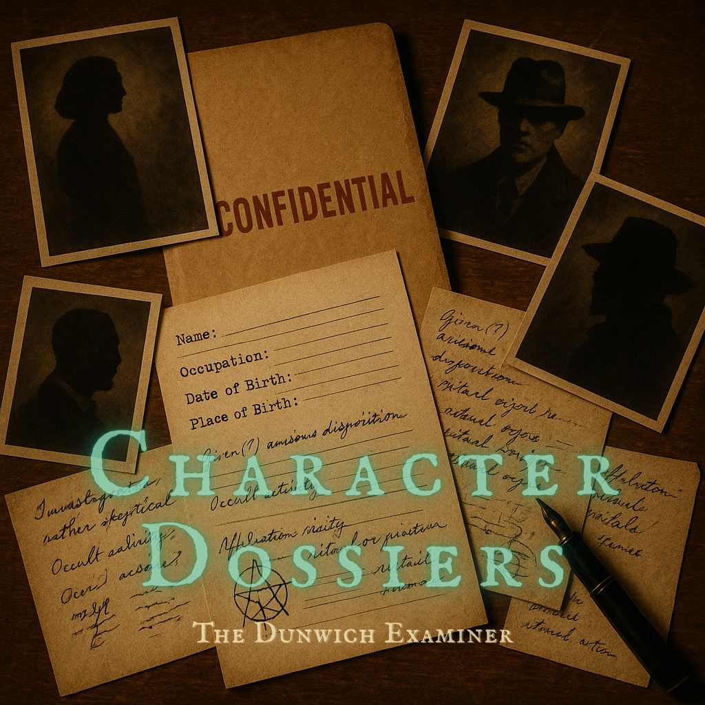 A sepia-toned tabletop scene showing a weathered manila folder stamped “CONFIDENTIAL,” surrounded by faded black-and-white silhouette photographs, handwritten notes, and typewritten profile sheets. Ink sketches of occult symbols and cryptic handwriting are scattered among the papers, lit by warm, directional light.