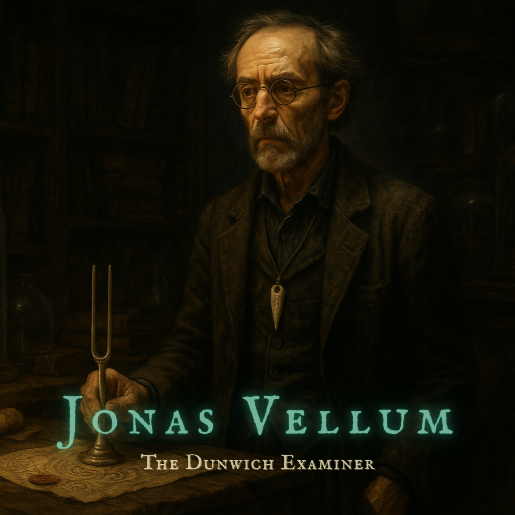 Jonas Vellum stands in his dimly lit shop, surrounded by shelves of scrolls, glass-domed relics, and weathered tomes. He wears a threadbare waistcoat, wire-rim spectacles, and a bone pendant. His expression is distant, haunted, as if listening to sounds others cannot hear. Candles flicker beside a tuning fork humming faintly atop a vellum scroll etched with spirals.