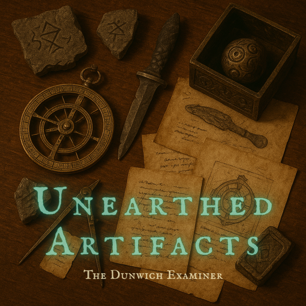 An assortment of ancient relics and study notes arranged on a dark wooden table, including a brass astrolabe, a cracked ceremonial dagger, carved stone fragments with unknown symbols, and a metal box containing an ornate sphere. Aged parchment sketches and measuring tools complete the moody archaeological study setting.