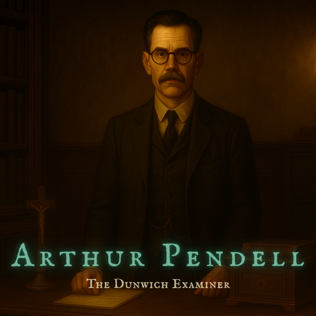 A stern, middle-aged man with a neatly trimmed mustache and round spectacles stands in a dimly lit, wood-paneled office. He wears a dark three-piece suit with a visible pocket watch chain. Behind him are shelves filled with old legal tomes and a tall filing cabinet with brass handles. A warm gas sconce casts a flickering glow on the worn wallpaper. On the polished oak desk in front of him rest a metal crucifix, an open Latin-coded ledger, and a locked wooden box etched with faint arcane symbols. His expression is calm but burdened, as if carrying secrets too difficult to speak.