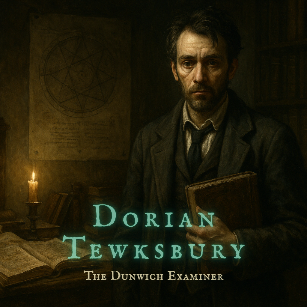 A pale, disheveled man in his early thirties stands deep within an ancient subcellar, surrounded by cryptic walls of amber-streaked stone and pulsing glyphs. He wears a wrinkled vest beneath a weathered overcoat and clutches a leather-bound mapping folio against his chest. His eyes, sunken from sleeplessness, glint with a mixture of fear and awe as he gazes upward at a ceiling veined with bioluminescent script. Around him, the air shimmers faintly, and the ground beneath his boots curves impossibly. A broken compass dangles from his belt, its needle spinning wildly. The atmosphere is dense, suffused with fungal mist and the suggestion of memory woven into the architecture.