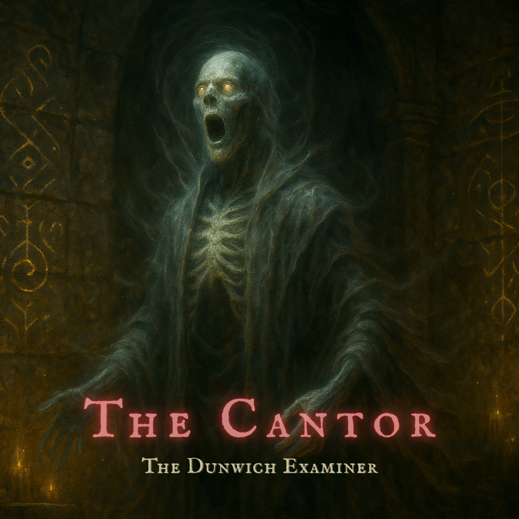 A spectral, skeletal figure draped in flowing, tattered robes hovers in a shadowed crypt, its hollow mouth open in silent chant. Faint glyphs glow on the surrounding stone walls, alongside embedded skulls. Light flickers from unseen candles, casting an eerie glow that bends subtly around the Cantor’s vibrating, semi-corporeal form.