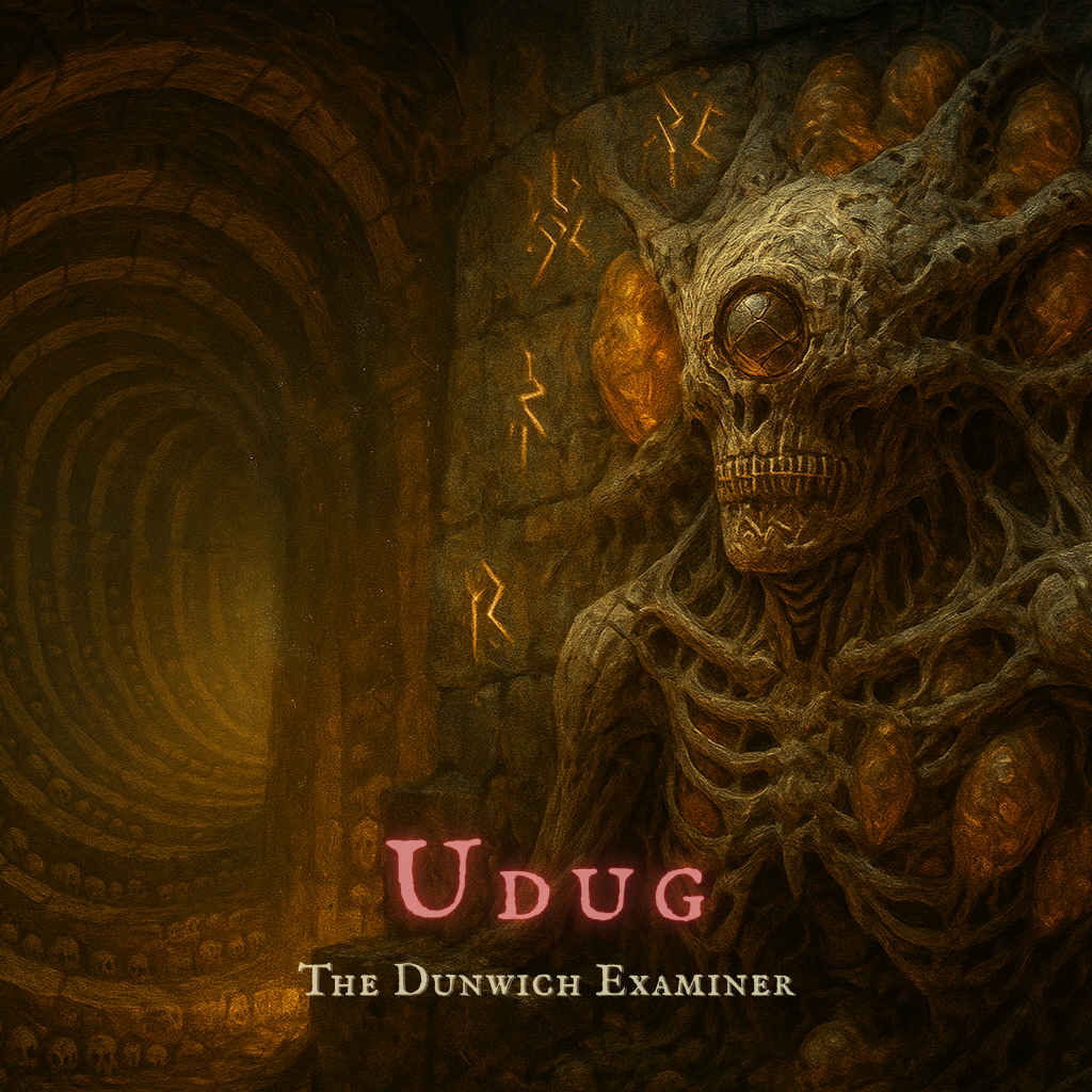 A grotesque, skeletal entity partially fused into a crumbling stone wall within a spiral ossuary. Its body is woven from twisted bone and amber pods, with glowing glyphs etched around it. A single mirrored eye stares from a warped skull-like head, while the arched tunnel behind it vanishes into darkness lined with countless skulls.
