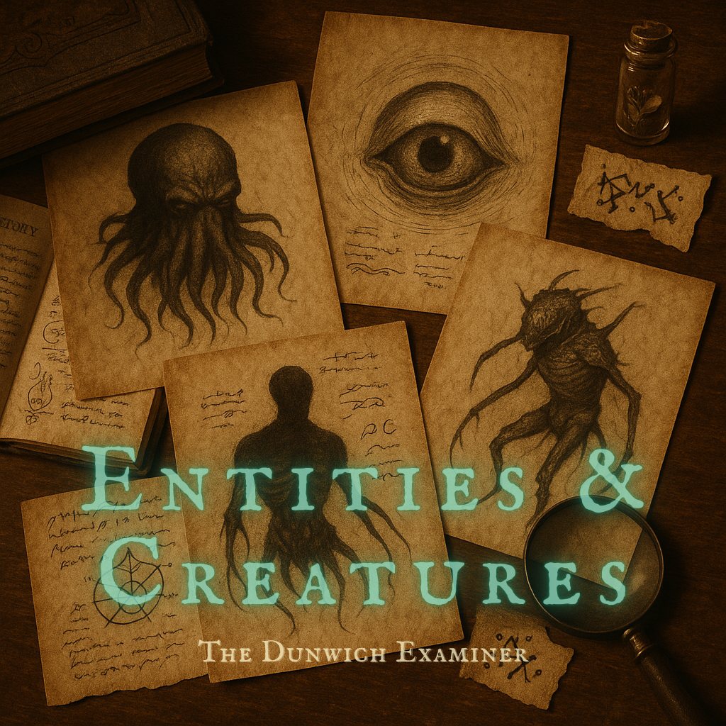 A collection of aged parchment sheets spread across a wooden surface, each bearing hand-drawn illustrations of strange and monstrous beings—tentacled shapes, alien eyes, and shadowy humanoids—accompanied by runic markings and annotations. A magnifying glass, small vial, and open grimoire add to the investigative, Lovecraftian tone.