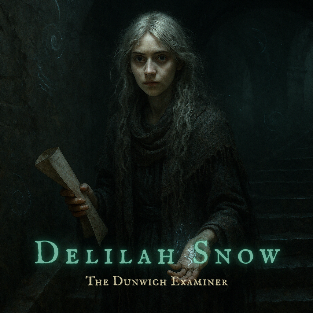 Delilah Snow stands in a shadowed stone stairwell beneath the Gilman House, lit by the glow of glyphs on her outstretched palm. Her expression is solemn, silver hair falling over a dark, sea-stained shawl. She clutches a scroll in one hand; spiral runes line the mossy walls behind her. The air feels charged, as if something ancient has just spoken.