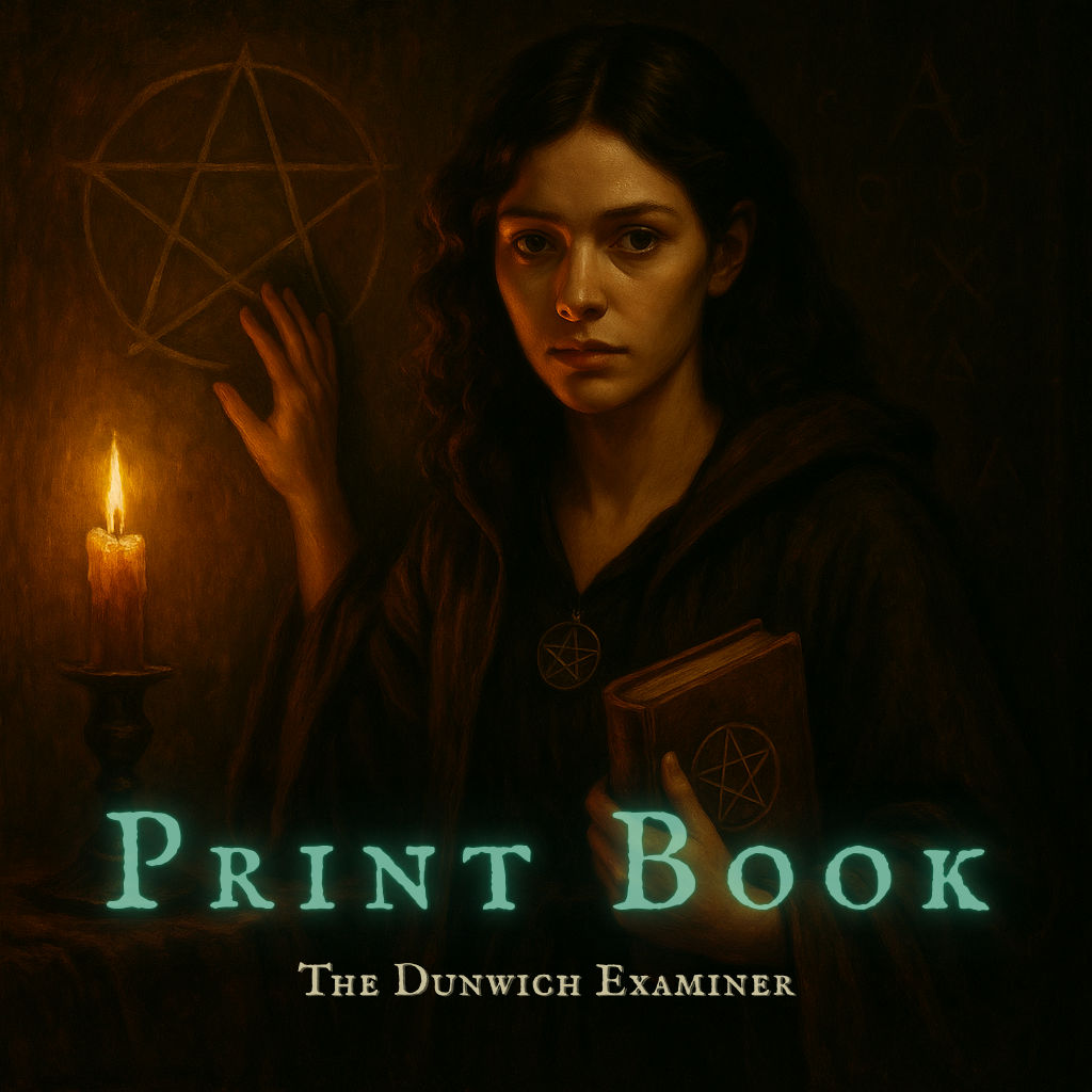 Young woman in a hooded robe holds a grimoire beside a chalk pentagram; candlelight reveals occult symbols on a dark wall.