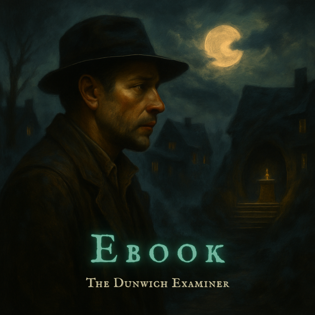 Oil painting of a man in a fedora on a moonlit street; fog-wrapped houses and a torchlit alcove suggest an eerie New England night.