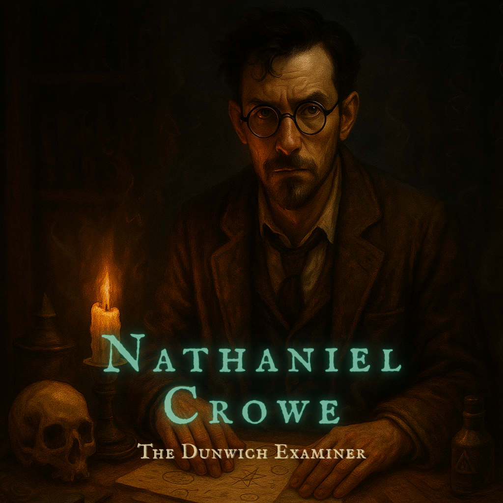 A moody portrait of Nathaniel Crowe, the occult investigator and arcane scholar, seated at a candlelit desk strewn with esoteric diagrams and ancient parchment. Clad in a weathered 1920s suit and horn-rimmed glasses, Crowe stares forward with intense, haunted eyes. A human skull, alchemical bottle, and faintly glowing eldritch symbols surround him in the dim, smoky gloom, capturing the eerie, Lovecraftian essence of his investigations into the unknown.