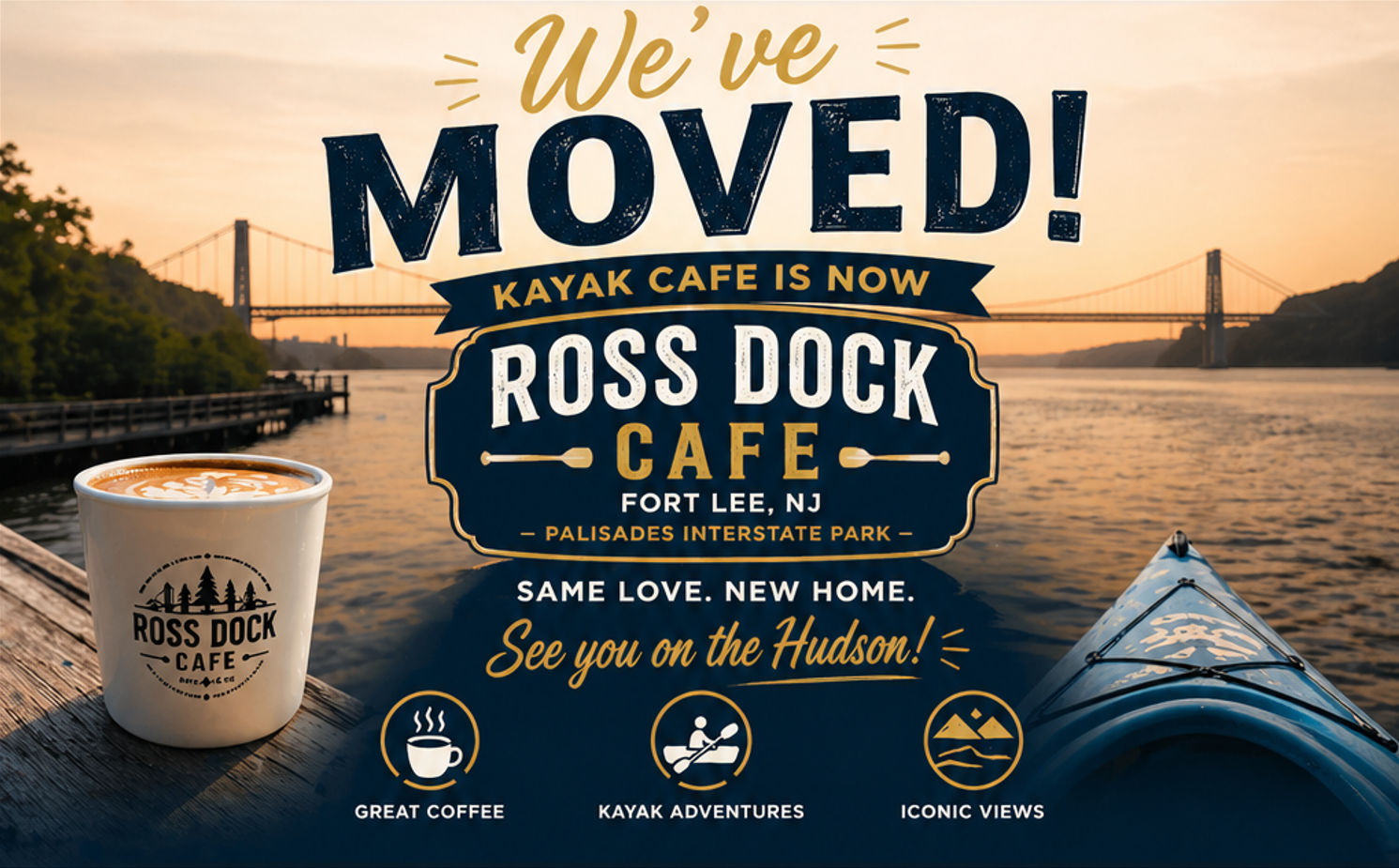 We've Moved! Kayak Cafe is now Ross Dock Cafe — Fort Lee, NJ. Same love. New home. See you on the Hudson!