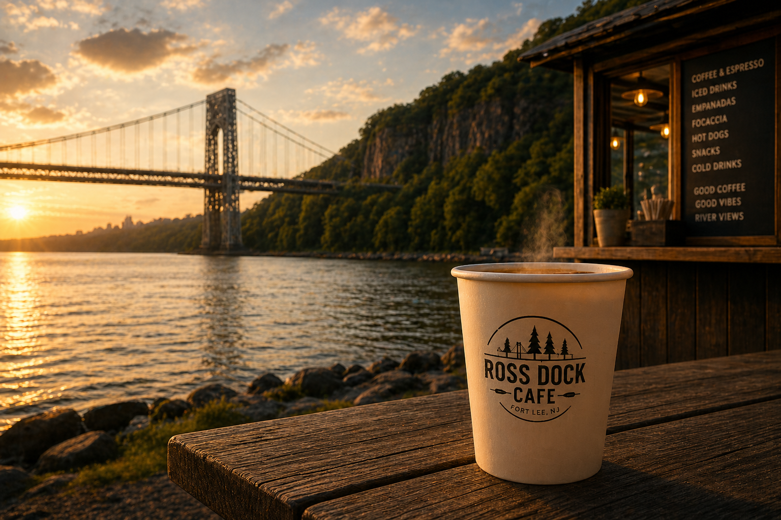 Ross Dock Cafe with the George Washington Bridge in the background at sunset
