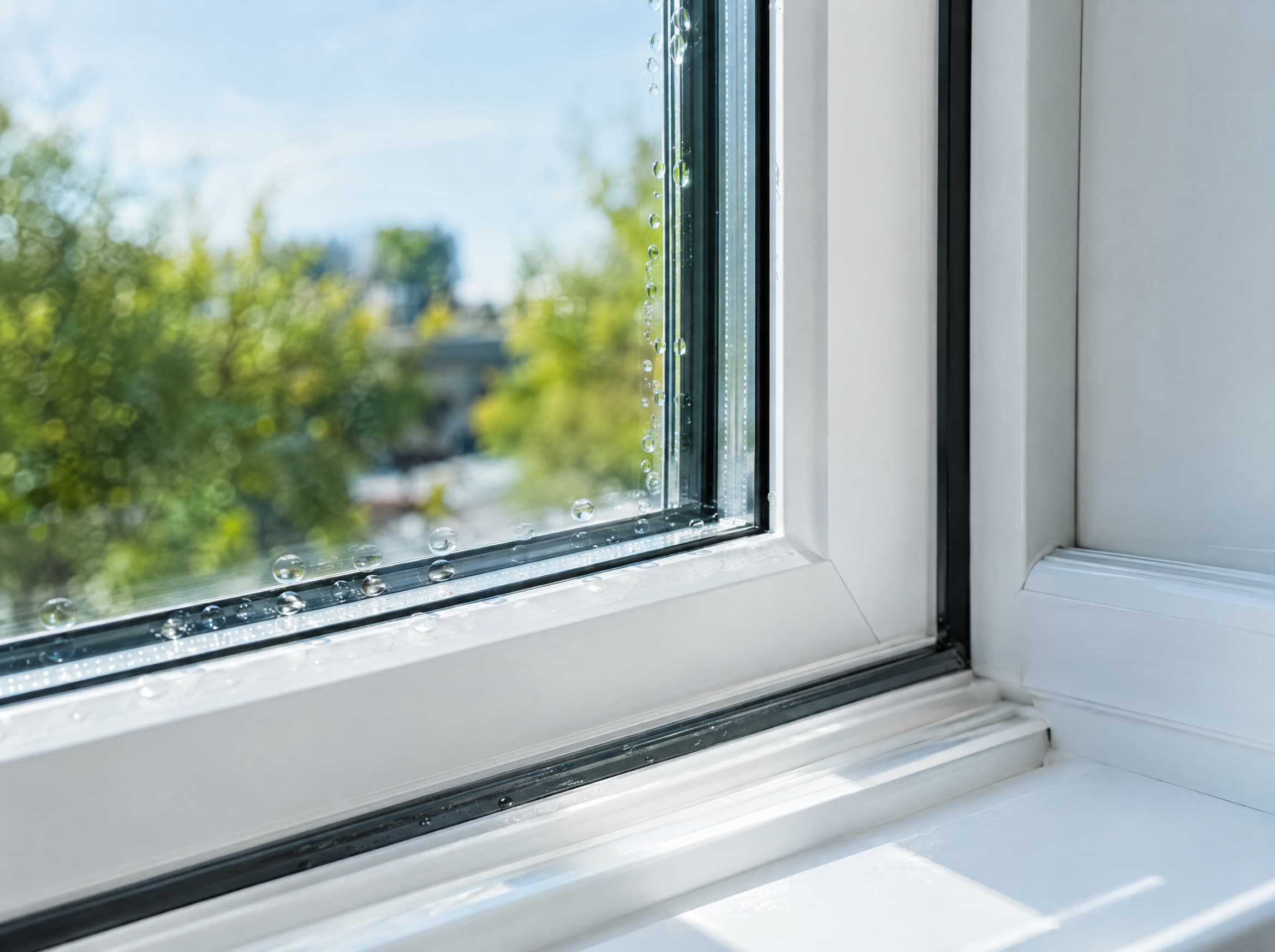 A Bliss Window Washing technician cleaning the interior windows of a bright St. Louis living room with a squeegee
