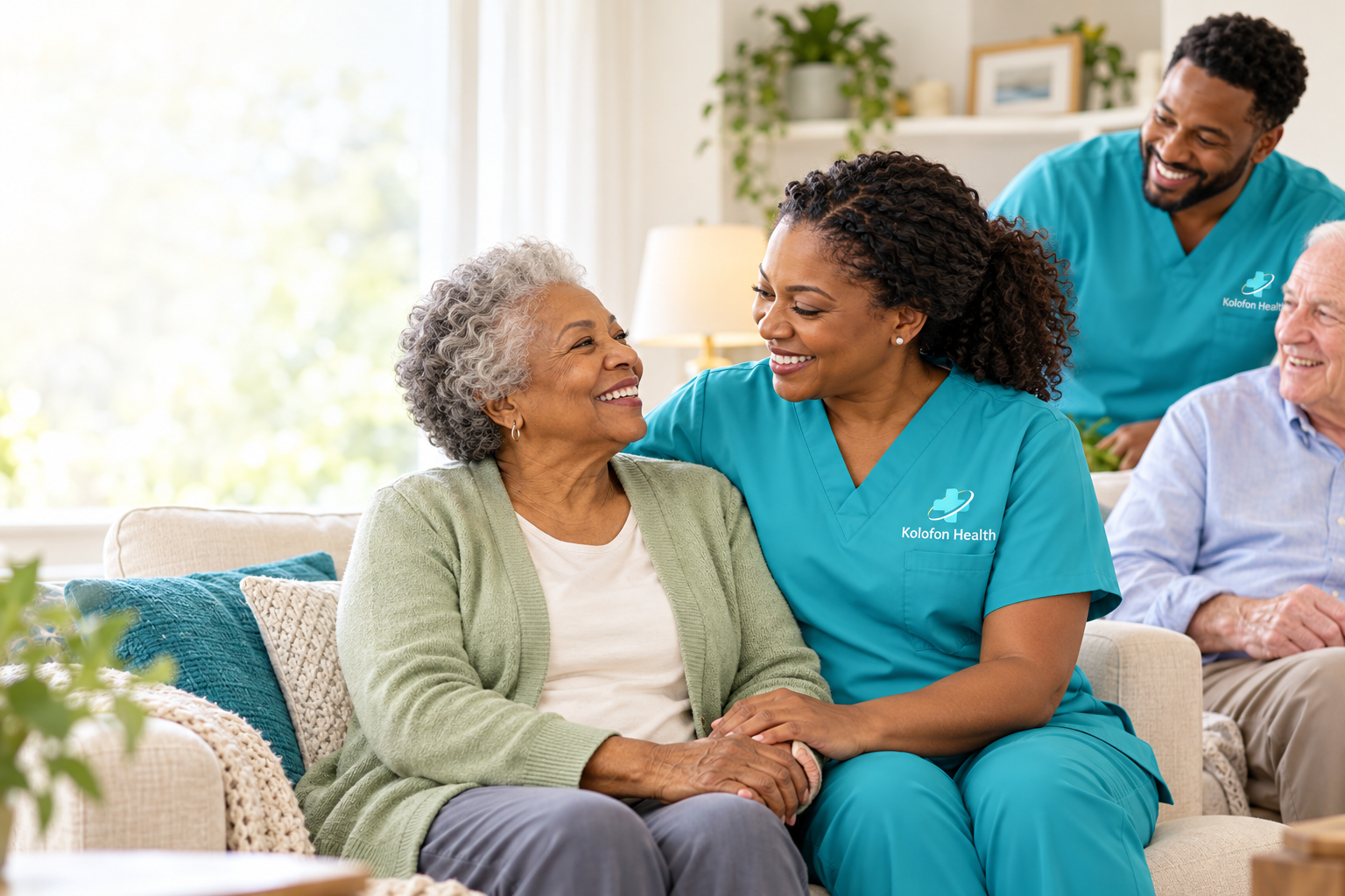 Illustrative home-care scene with a caregiver in turquoise Kolofon Health scrubs supporting an older woman