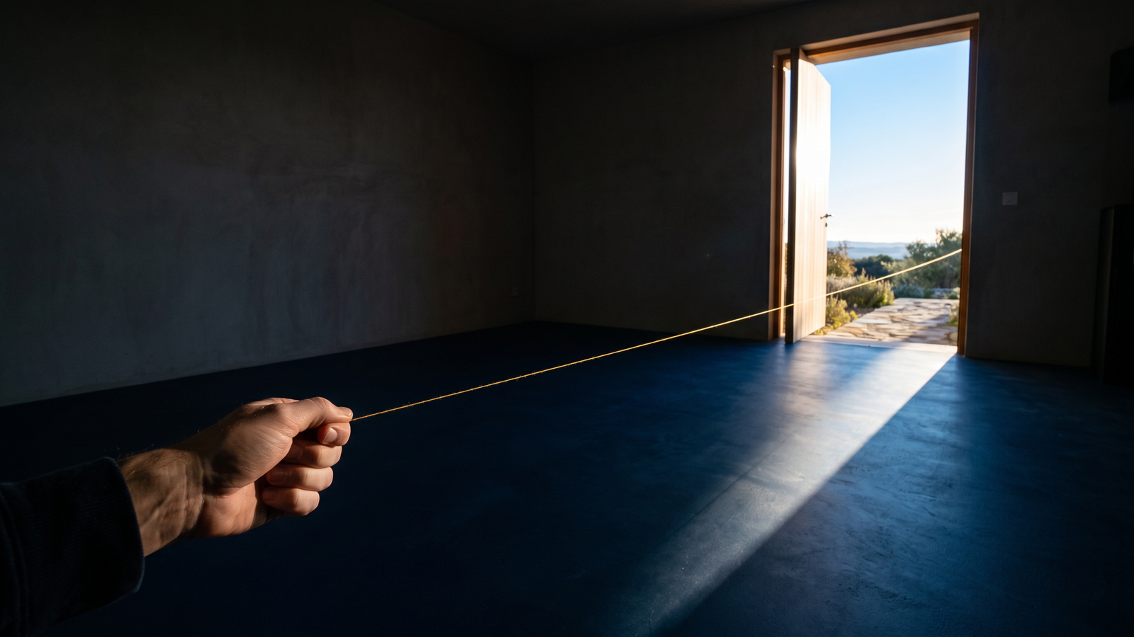 A hand holding one taut golden thread that runs across a dark room and out through an open door into morning light