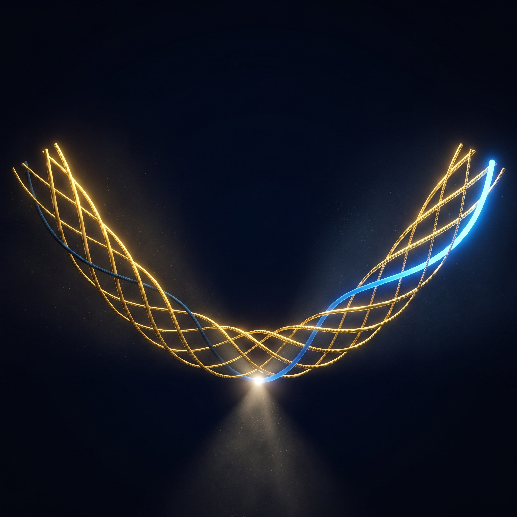 Six strands braided as one rope; five gold, one dim, with light entering the dim one at the lowest point.