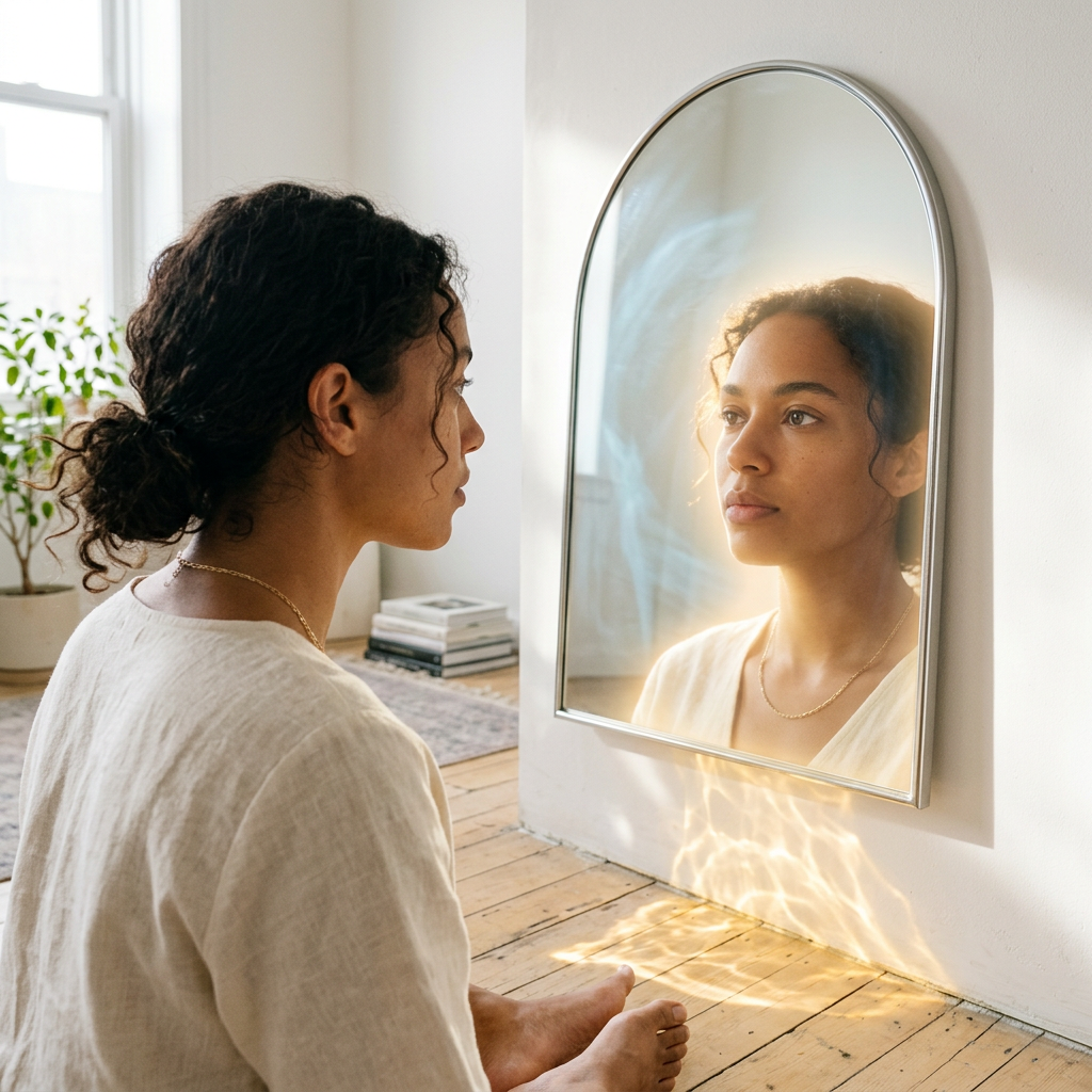 Maya meeting her own reflection in a luminous mirror, her wheel of six lights beginning to glow around her