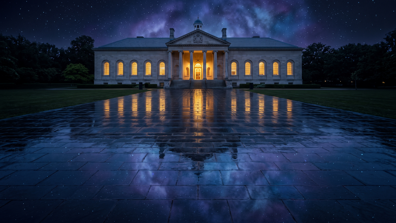 A lone neoclassical library at night, its doorway lit gold, the Milky Way overhead and mirrored in the wet stone.