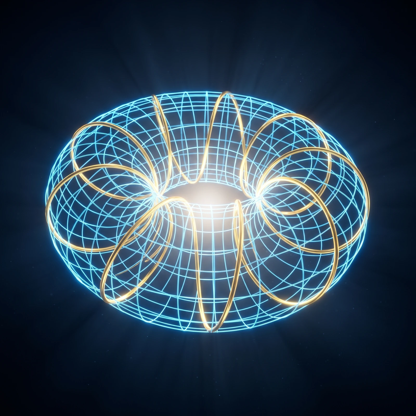 A torus rendered as a luminous self-circulating current, the flow passing continuously through its own open center.