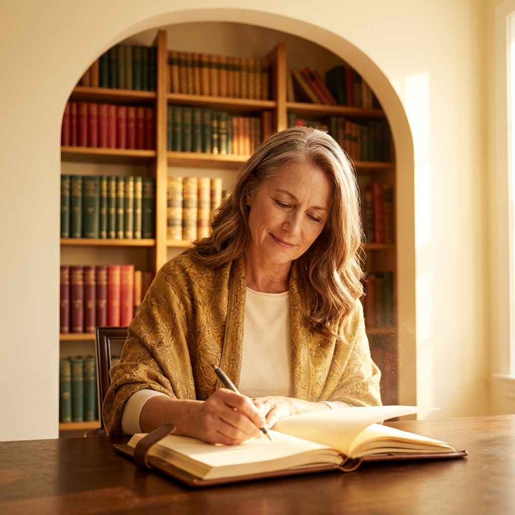 Elena reading by warm lamplight, a journal open before her, morning light falling across the page