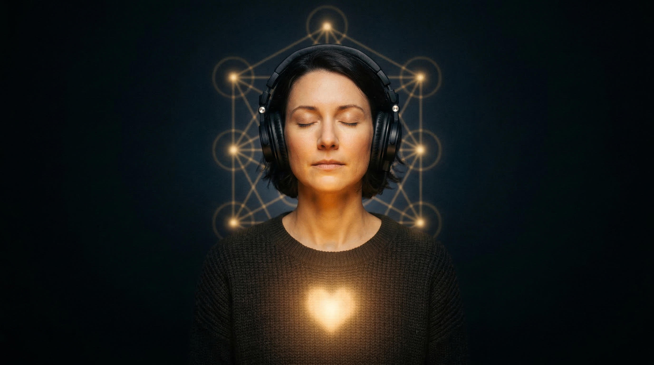 Woman with headphones and sacred geometry