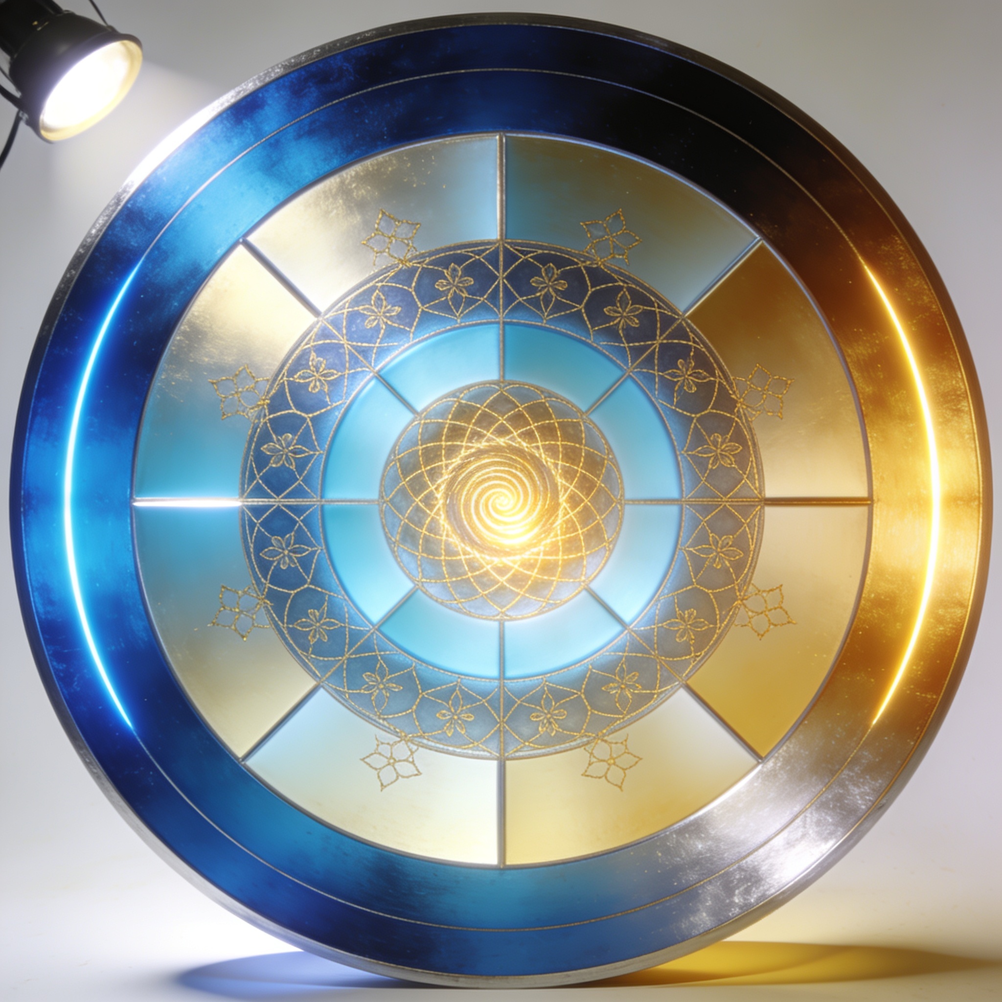 The Wisdom Wheel: six luminous houses of human capacity rendered as a radial mandala in azure and gold