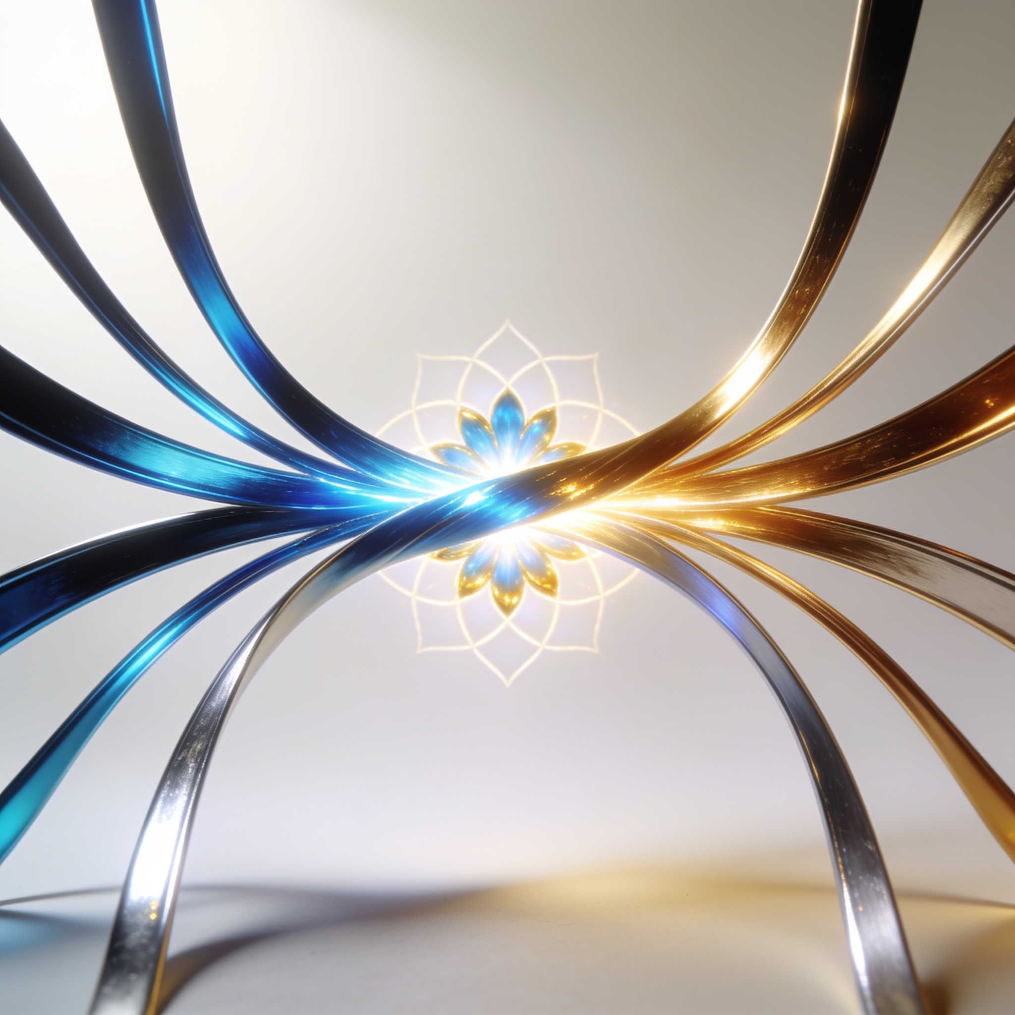 Many luminous azure and gold threads converging and weaving into one bright unified ribbon of light