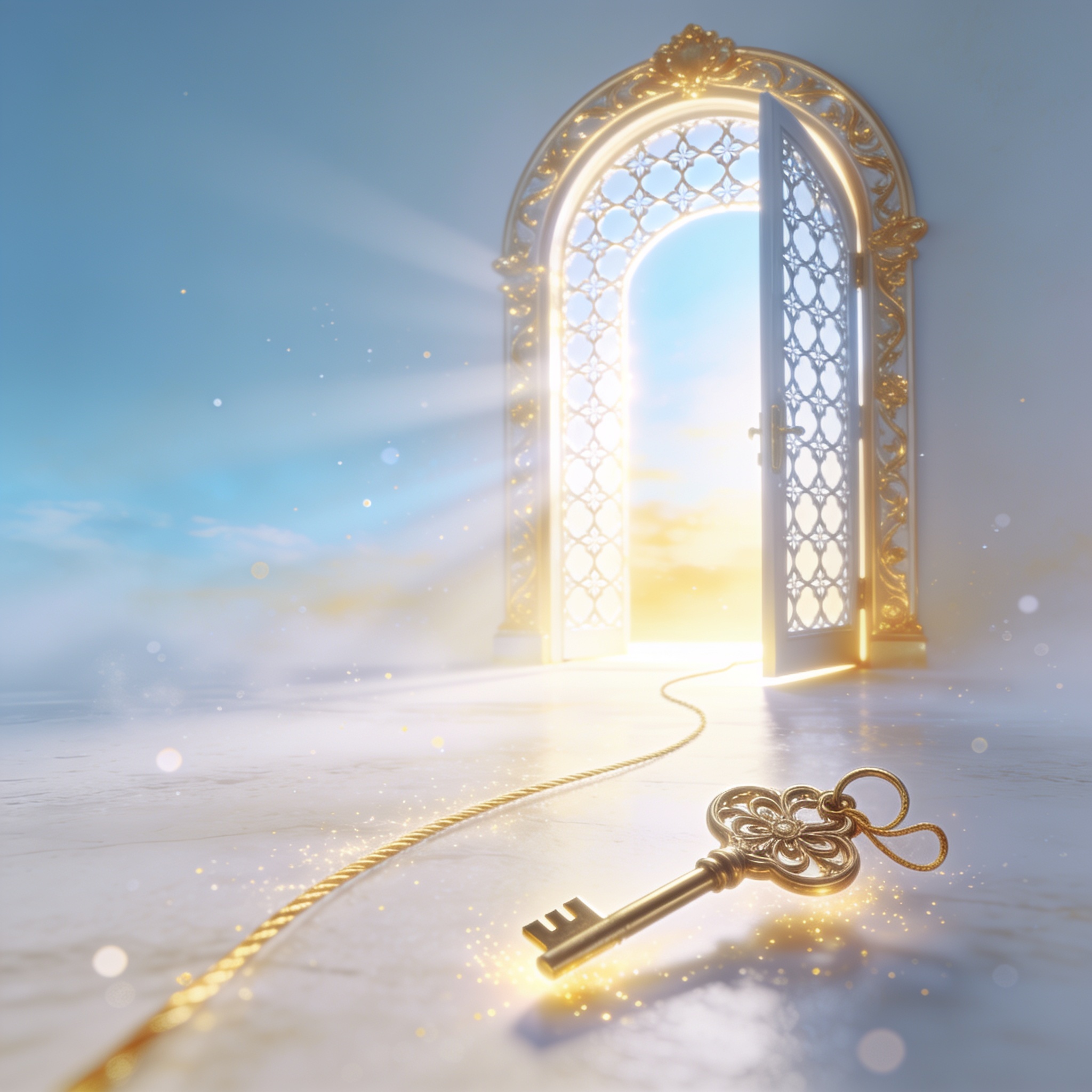 A luminous open doorway with warm light beyond, a single fine golden thread leading along a bright floor toward it, and an ornate golden key resting at the threshold