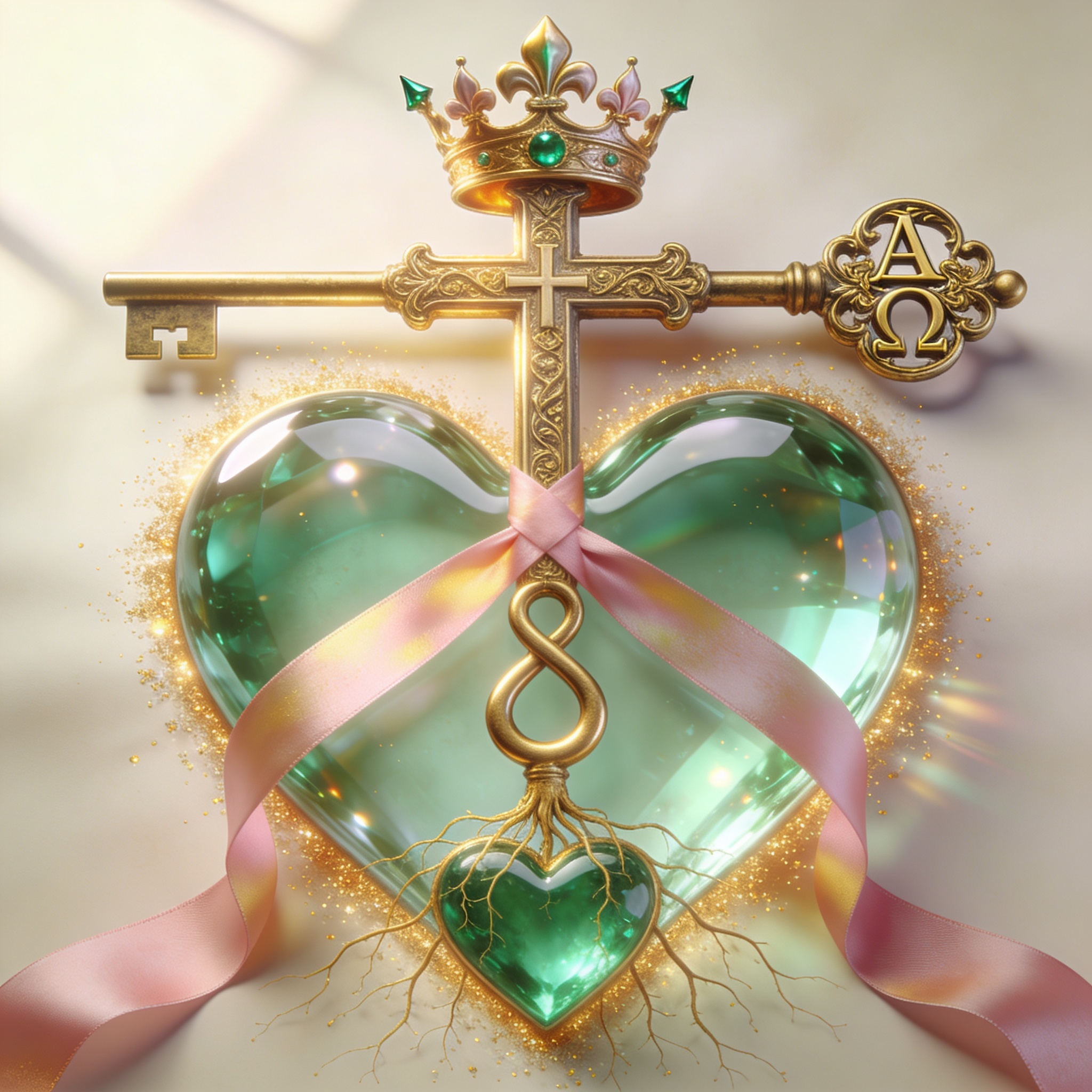 The Sigil of the Sovereign Heart: two golden keys crossed inside a translucent emerald heart, crowned at the top, spanning Alpha to Omega, bound by pink ribbons, with golden roots descending