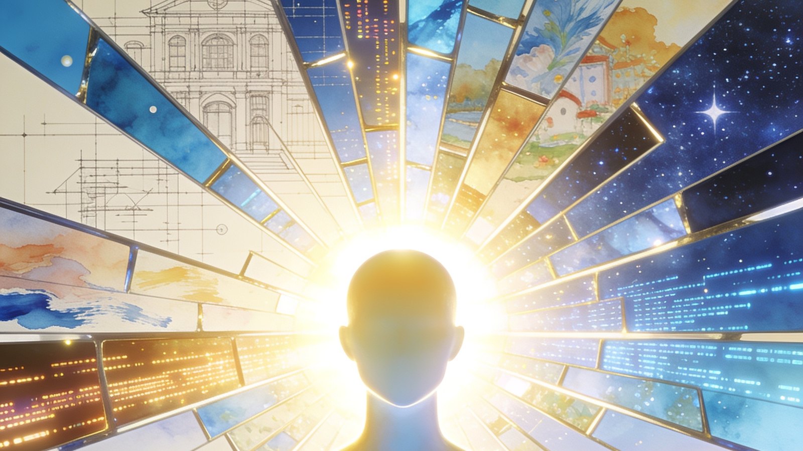 A single luminous figure of light at the center, with many different windows of reality — blueprint and geometry, painted color, watercolor landscapes, starlight, code, and sea — radiating outward all around it, every one a different way of seeing the same whole.