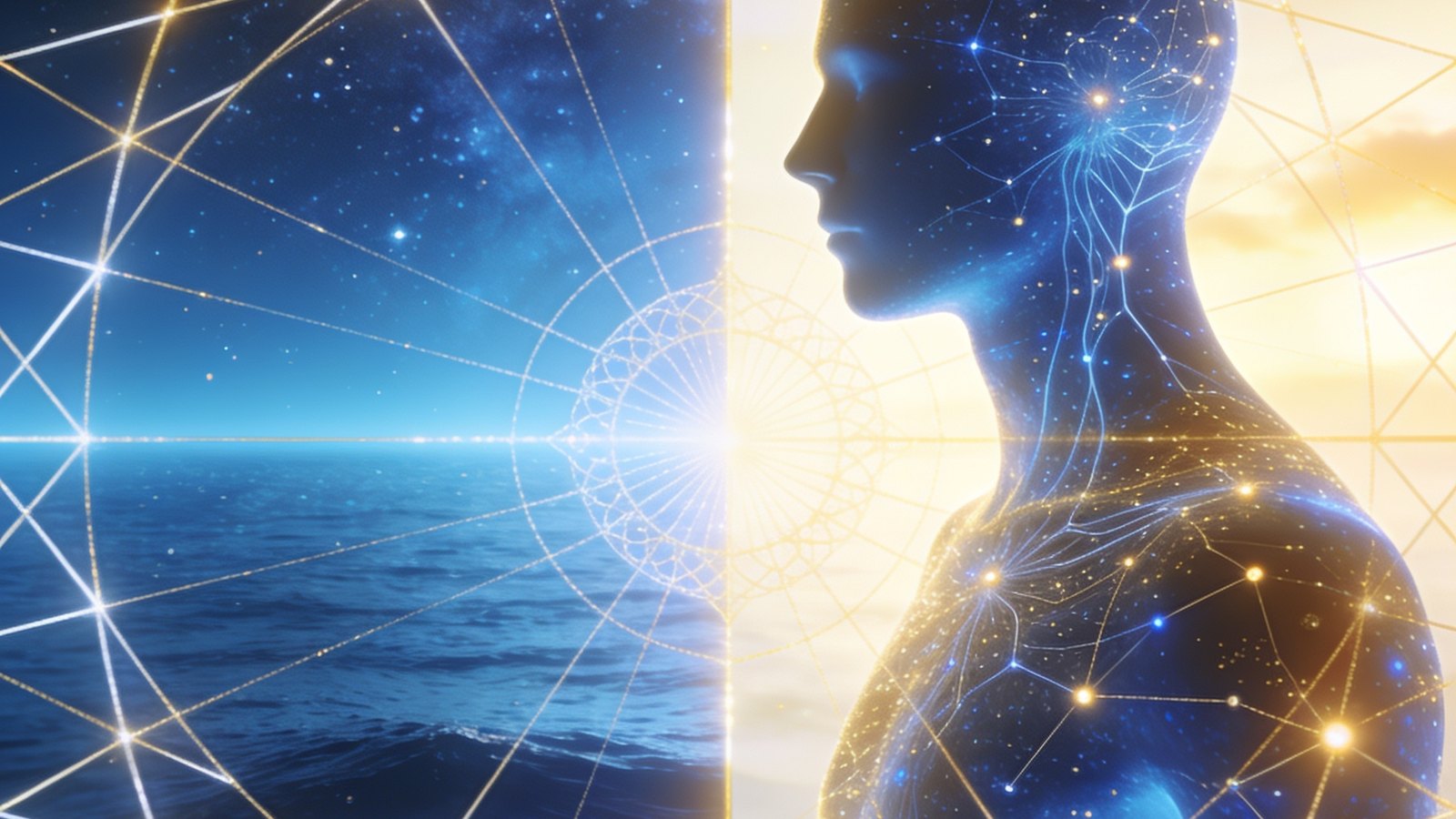 A luminous lattice of gold and white light forming sacred-geometric patterns across a dual scene: a deep ocean beneath a starlit sky on one side, and a figure of light filled with constellations on the other, joined at a central radiance.
