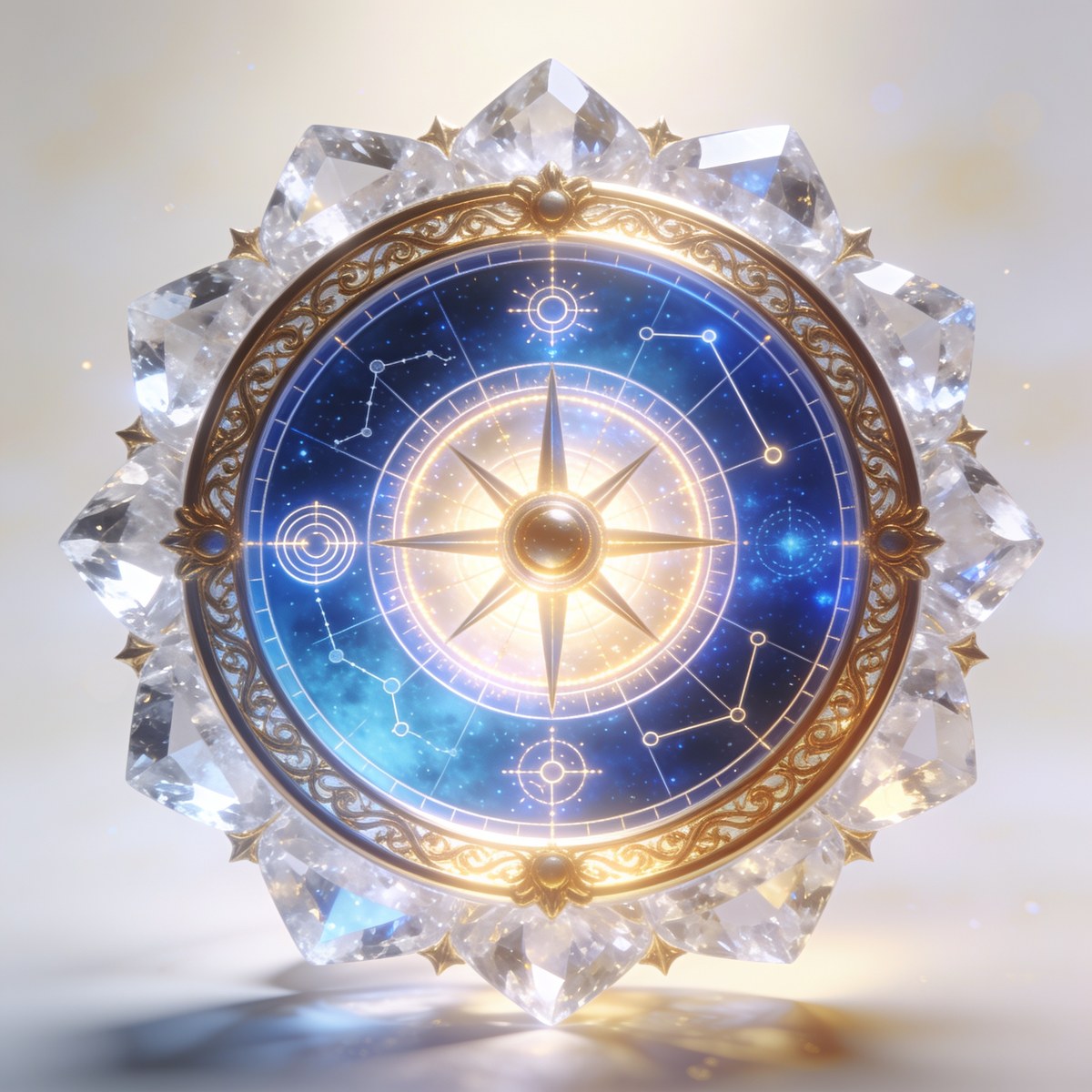 A multi-layered cosmic compass of translucent crystal and glowing gold, its concentric rings carrying luminous abstract marks and constellations around a radiant central star, mapping a vast terrain of human knowledge.