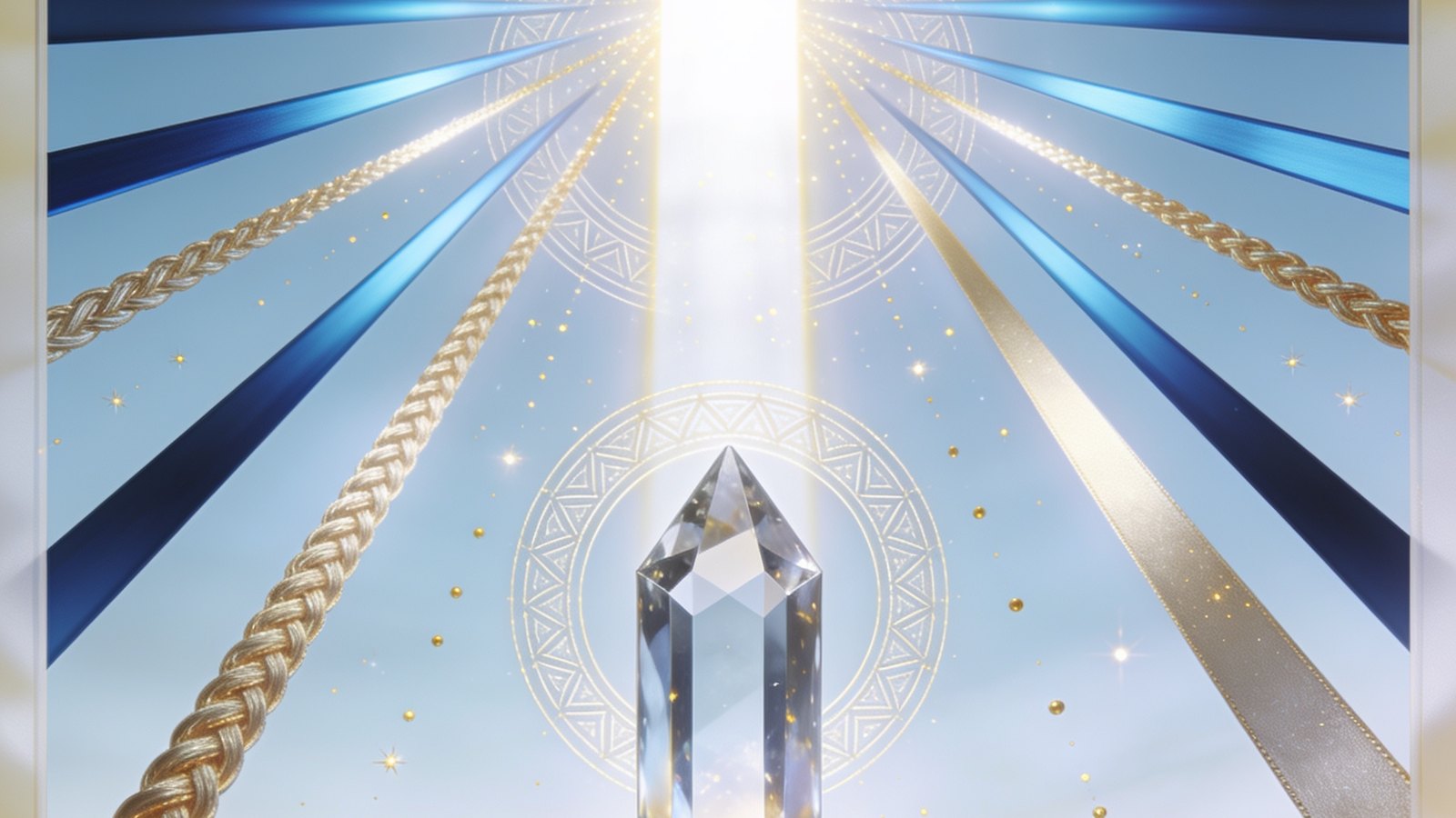 Many distinct beams of azure and gold light converging through a crystal prism into one column of white light