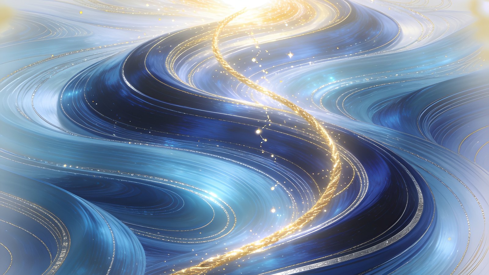 A single unbroken golden thread weaving through flowing azure currents toward a bright core of light