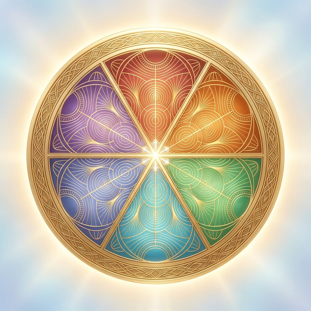 A luminous golden ring divided into six equal jewel-toned segments around a white-gold center of light, the six houses of the Wisdom Wheel