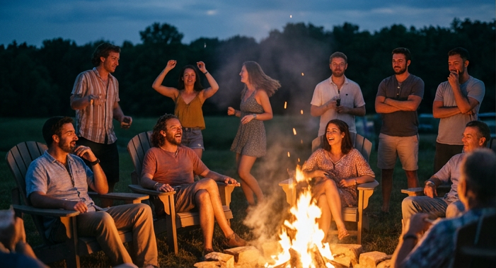 A warm, joyful group of diverse people laughing and connecting together at a community gathering