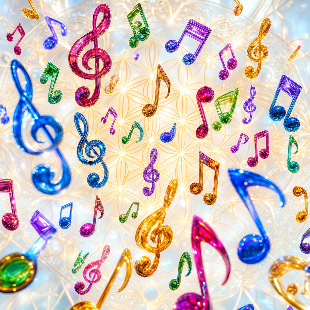 Vivid jewel-toned glass musical notes scattered across a glowing golden Flower of Life sacred-geometry backdrop, music made visible as light