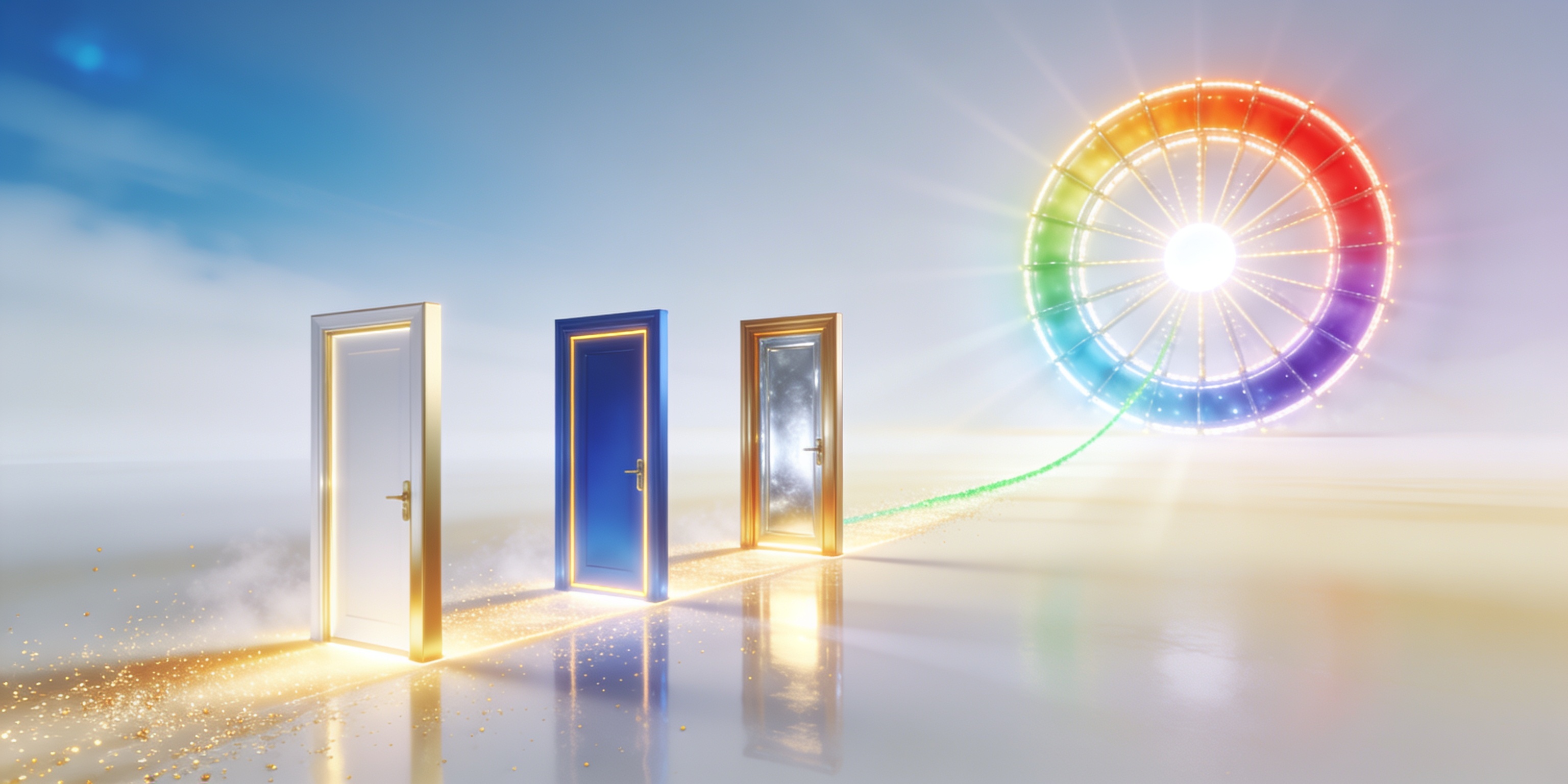 A radiant ring of spectrum light above three luminous doorways rising along a golden path of light.