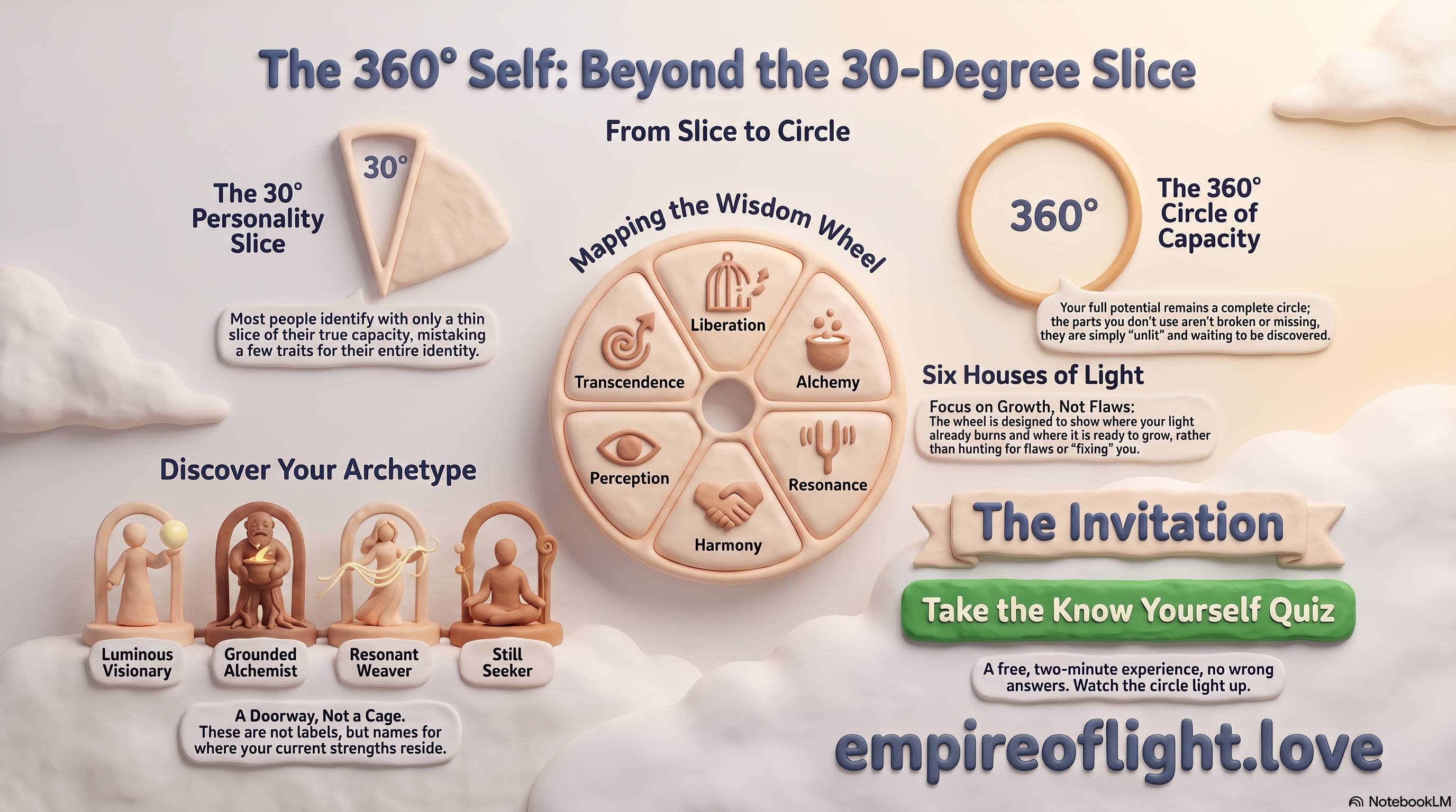 The 360-degree self: most people live a 30-degree personality slice. The Wisdom Wheel maps all six houses - Liberation, Alchemy, Resonance, Harmony, Perception, Transcendence - showing where your light burns and where it is ready to grow. Four archetypes are doorways, not cages. Take the free Know Yourself Quiz at empireoflight.love.