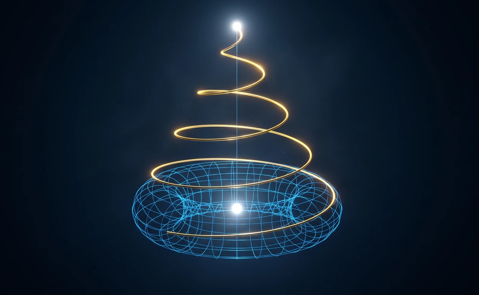 A torus circulating and expanding, tracing a spiral up a cone toward one bright point at its center.