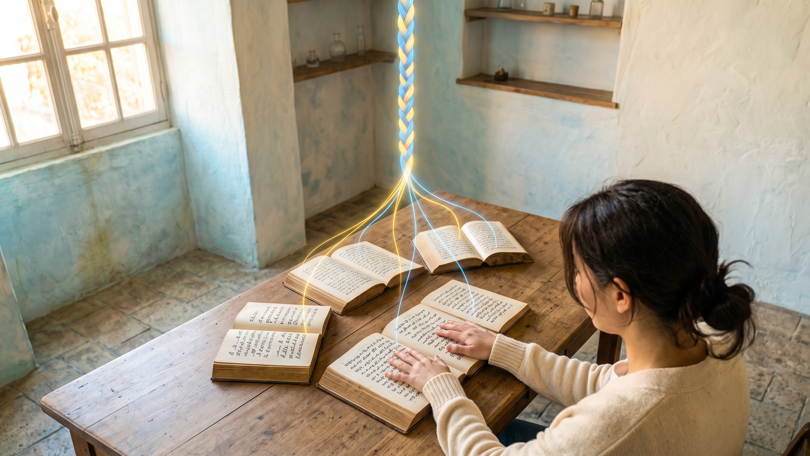 A reader at a dawn-lit desk as words rise off four open books and braid into one cord of gold and blue light