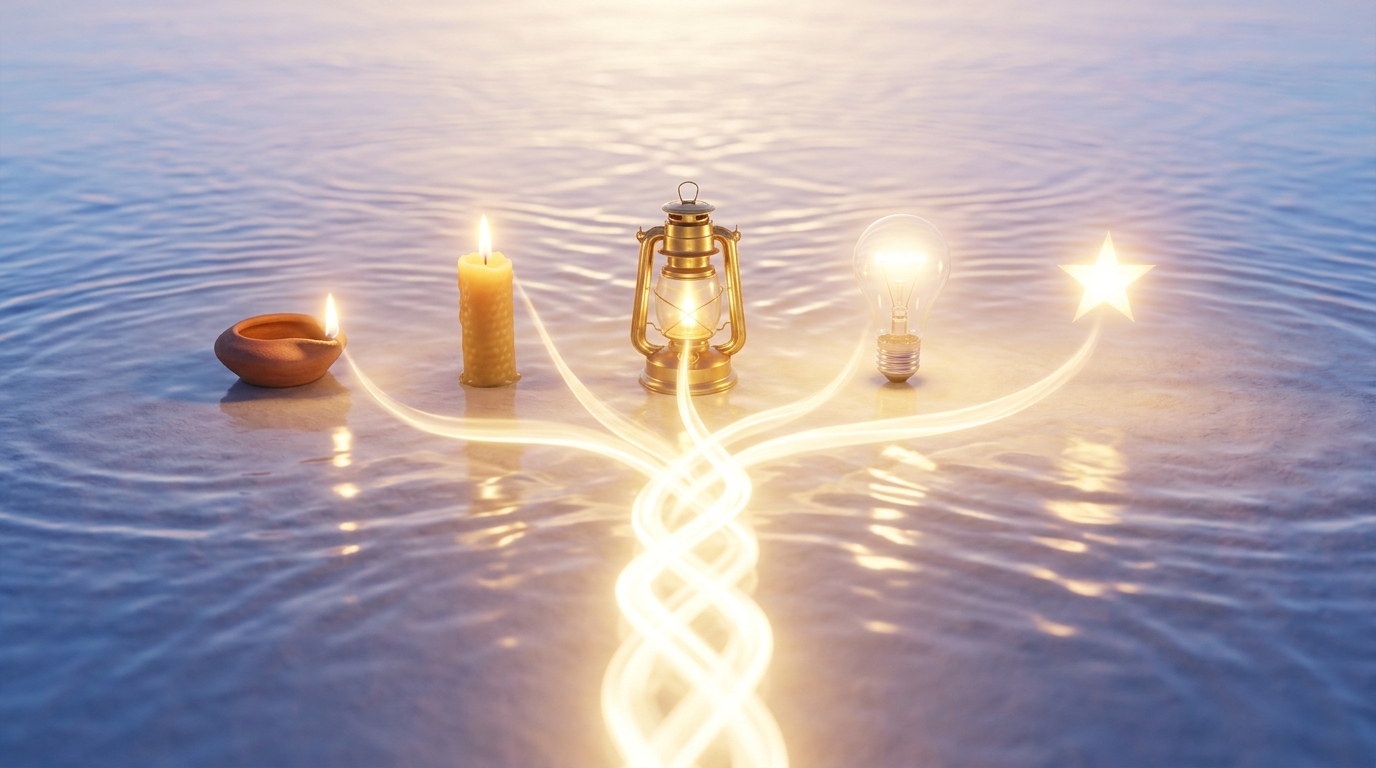 Many separate candle flames leaning toward each other across a dark field and converging into one bright column of golden light
