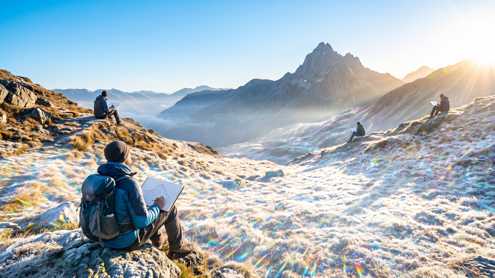 Four people drawing the same mountain from four different sides, the nearest looking up to check the line.