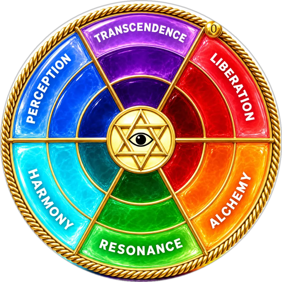 The Wisdom Wheel: six named houses of jewel glass around a golden star with a watchful eye, Transcendence at the crown