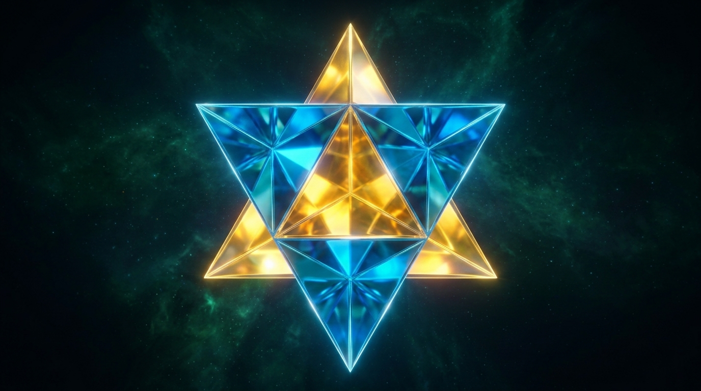 A stella octangula: two interpenetrating tetrahedra counter-rotating around a shared still center.