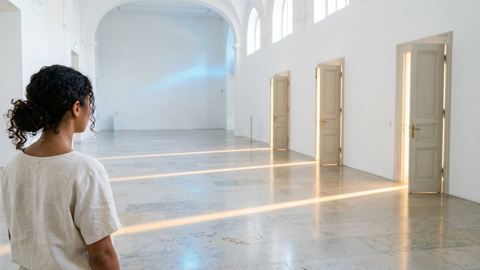 A woman stands in a luminous white hall before three doors, each cracked open, warm light reaching across the floor